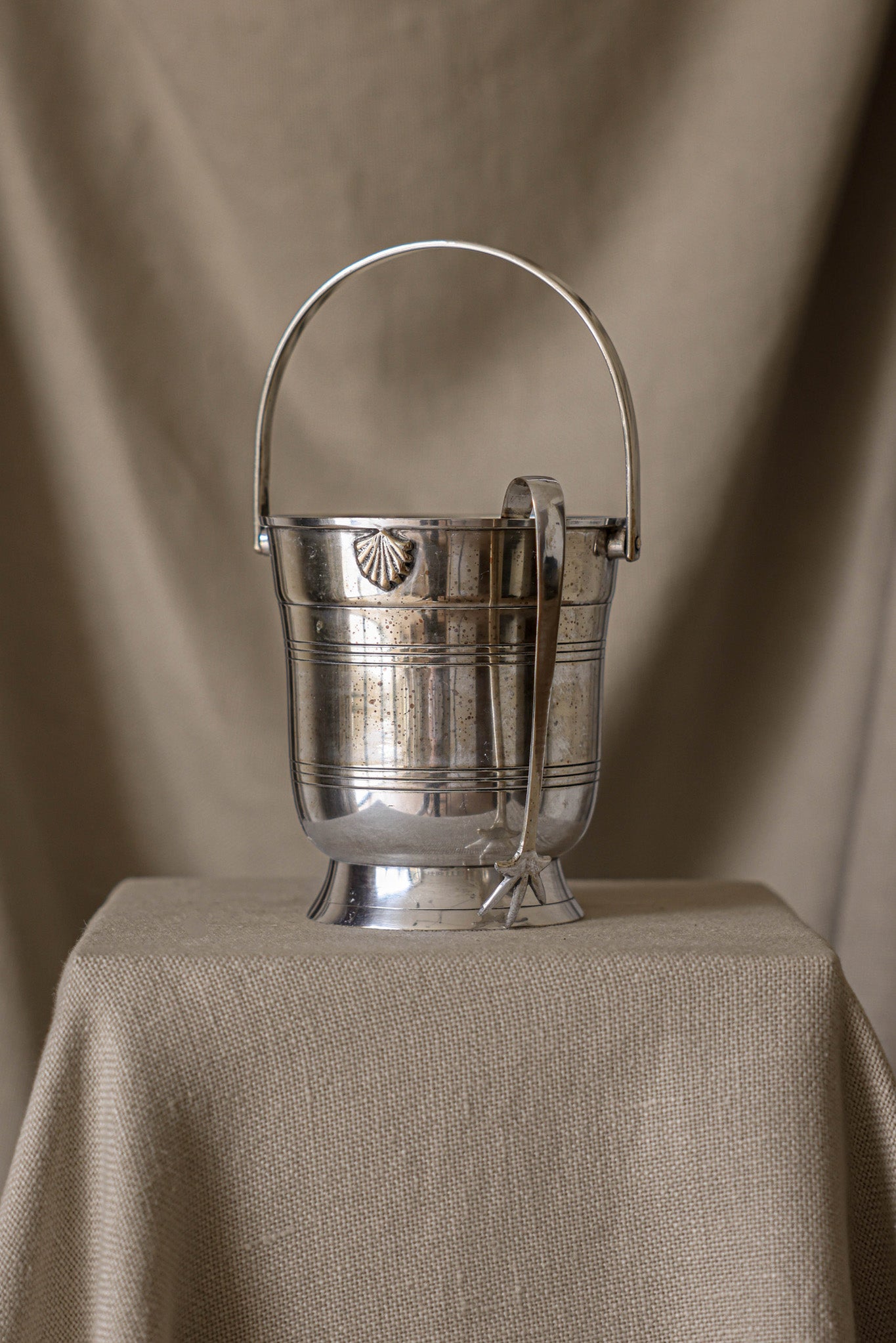 Small Silver Ice Bucket with Silver Tongs